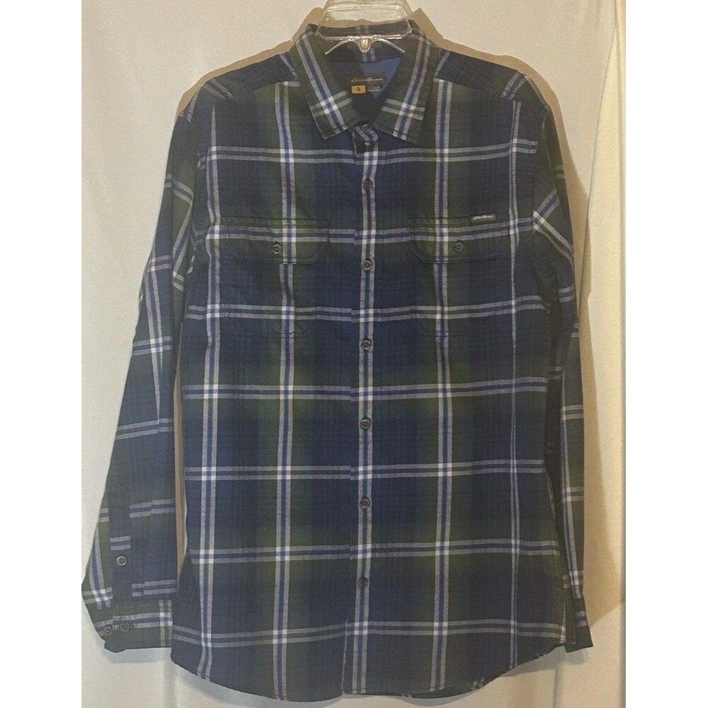 Mens Large EDDIE BAUER Plaid Shirt Blue Green Pockets Classic Fit
